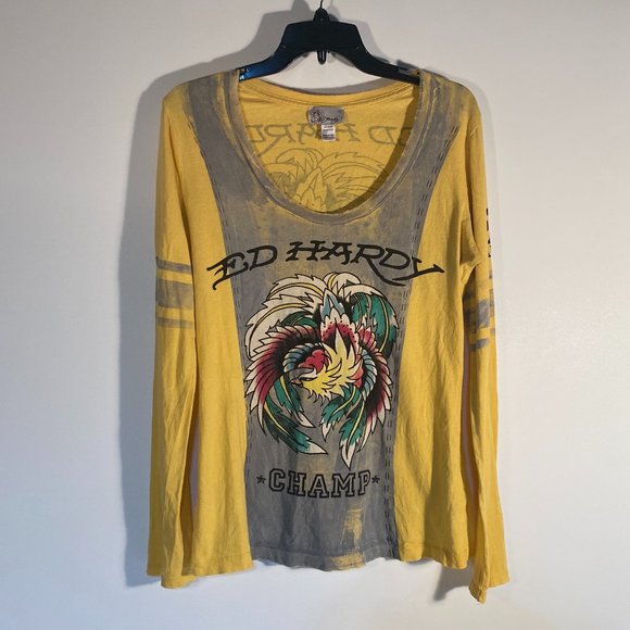 Ed Hardy Tops - Vintage Ed Hardy Yellow Long Sleeve Graphic Shirt Women Size XL